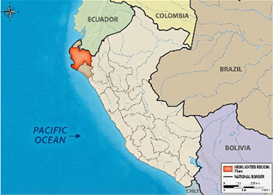Map of Peru highlighting Piura region